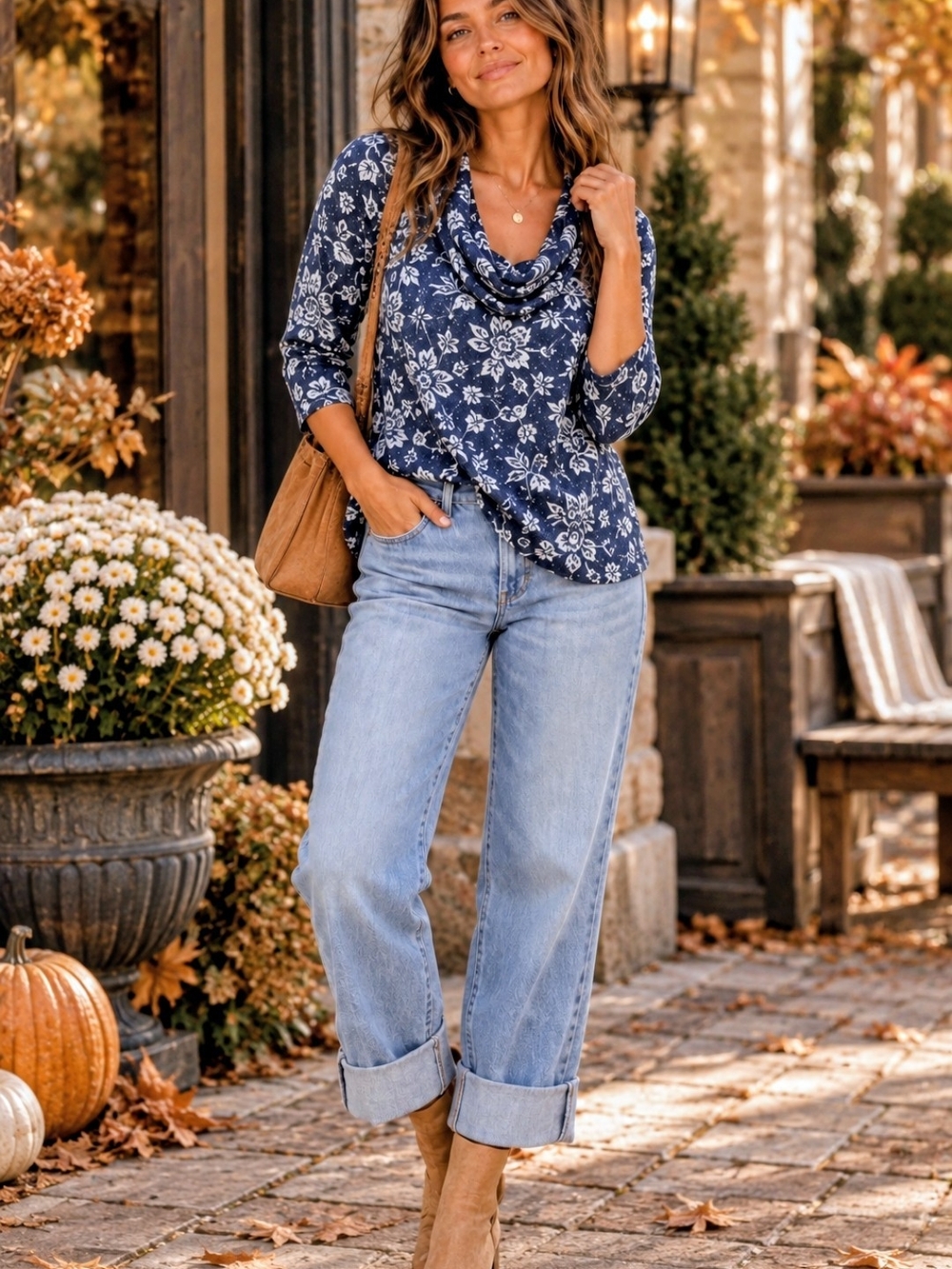 Navy Floral Cowl Neck Tunic Top Shimmer Metallic XL Fall Comfort Feminine